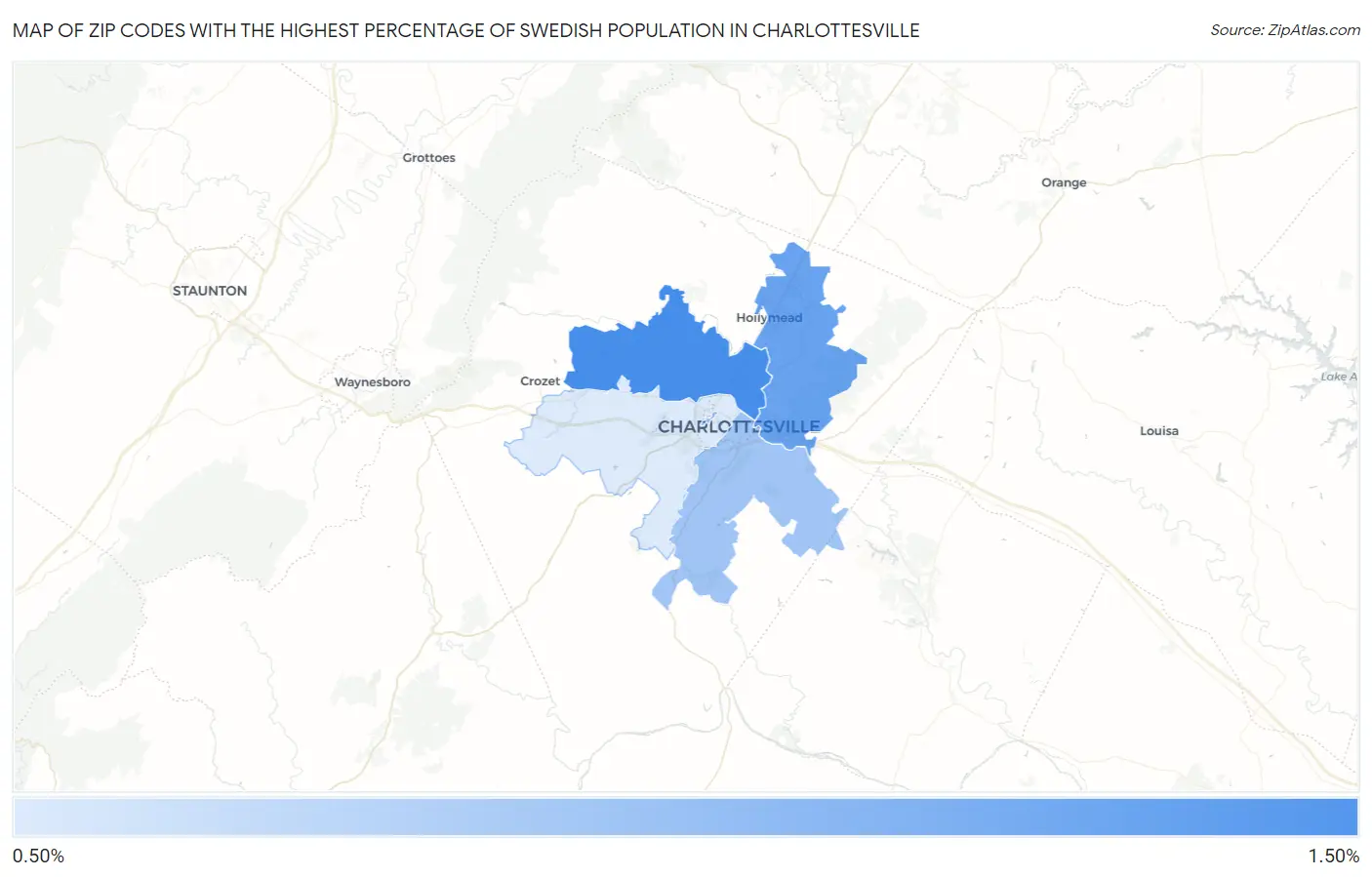 Zip Codes with the Highest Percentage of Swedish Population in Charlottesville Map