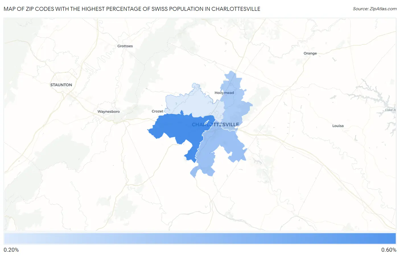 Zip Codes with the Highest Percentage of Swiss Population in Charlottesville Map