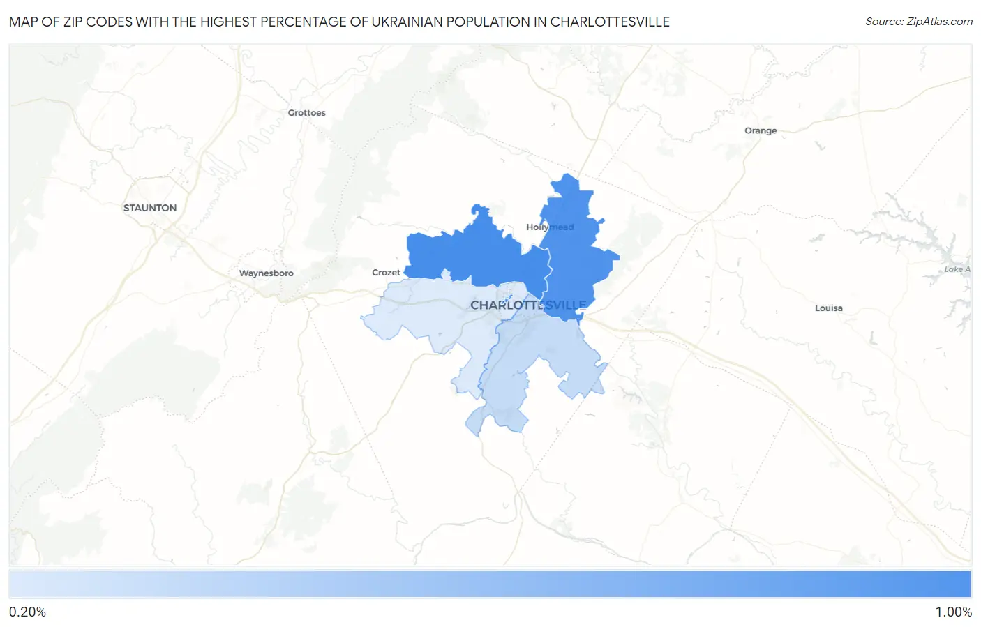 Zip Codes with the Highest Percentage of Ukrainian Population in Charlottesville Map