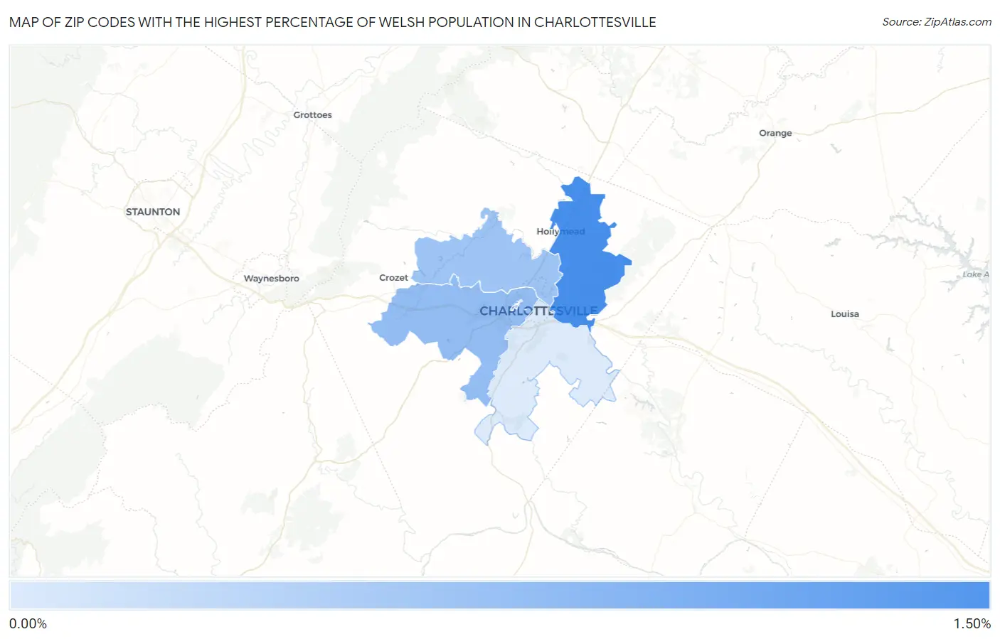 Zip Codes with the Highest Percentage of Welsh Population in Charlottesville Map