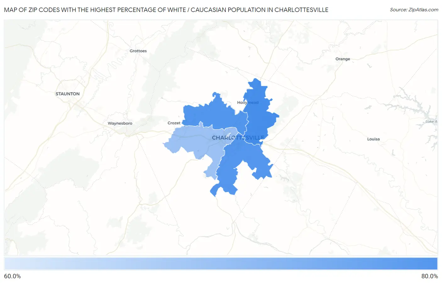 Zip Codes with the Highest Percentage of White / Caucasian Population in Charlottesville Map