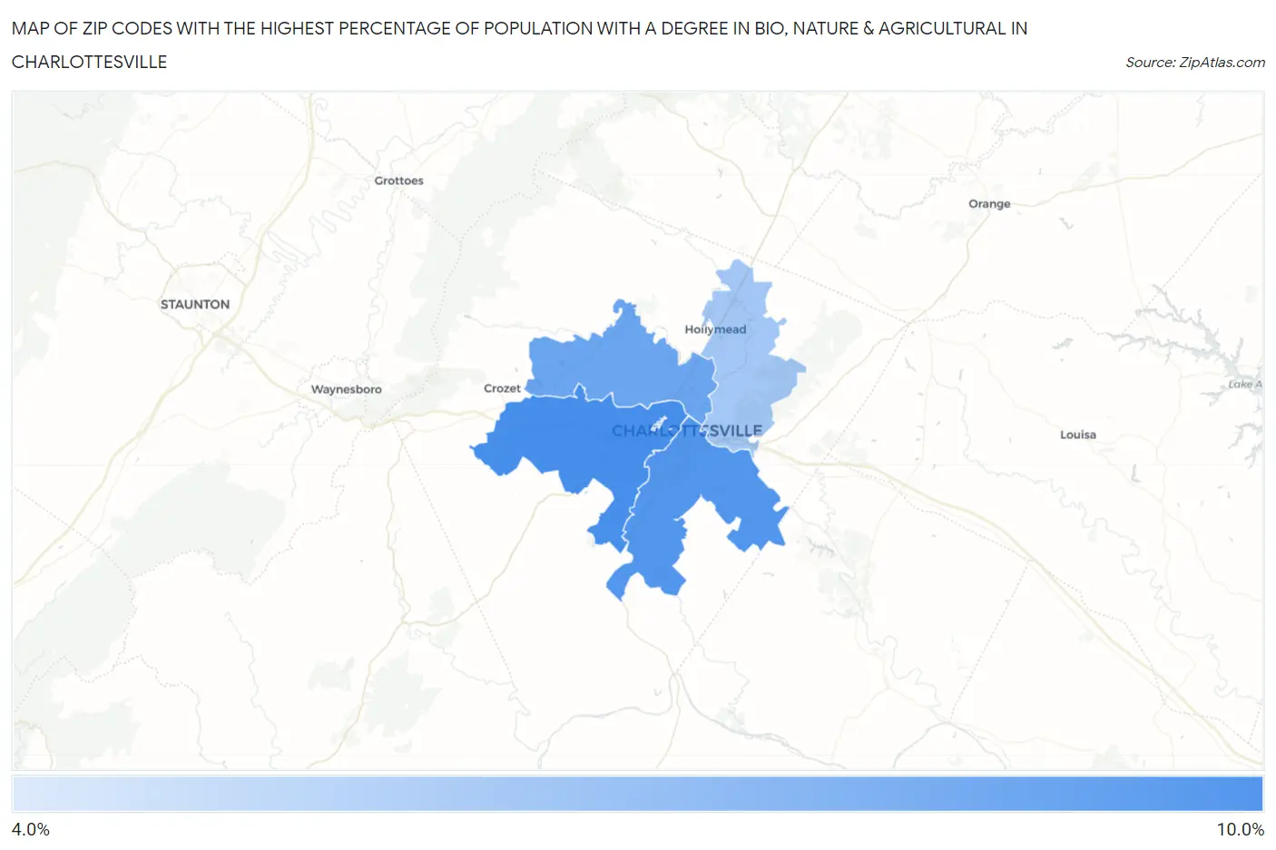 Zip Codes with the Highest Percentage of Population with a Degree in Bio, Nature & Agricultural in Charlottesville Map