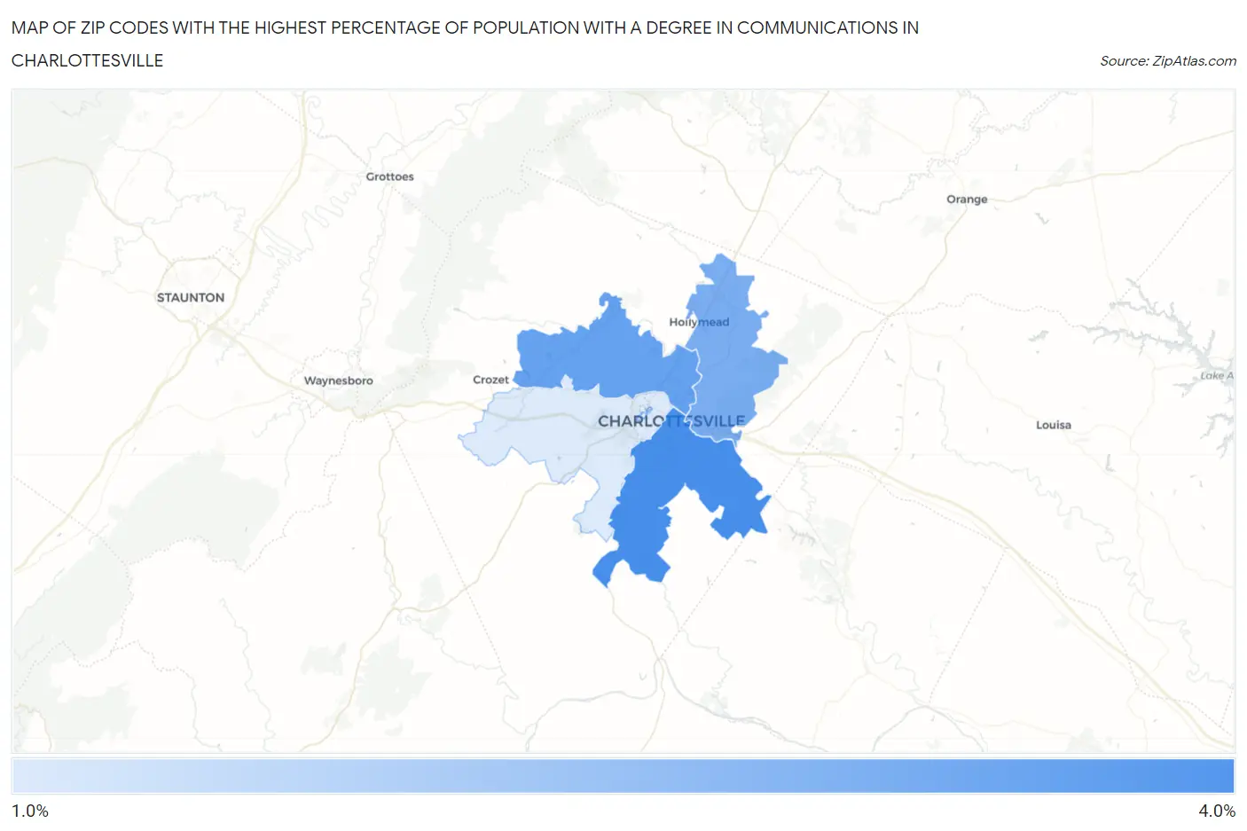 Zip Codes with the Highest Percentage of Population with a Degree in Communications in Charlottesville Map