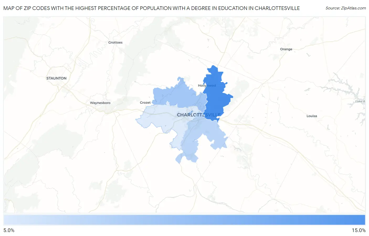 Zip Codes with the Highest Percentage of Population with a Degree in Education in Charlottesville Map