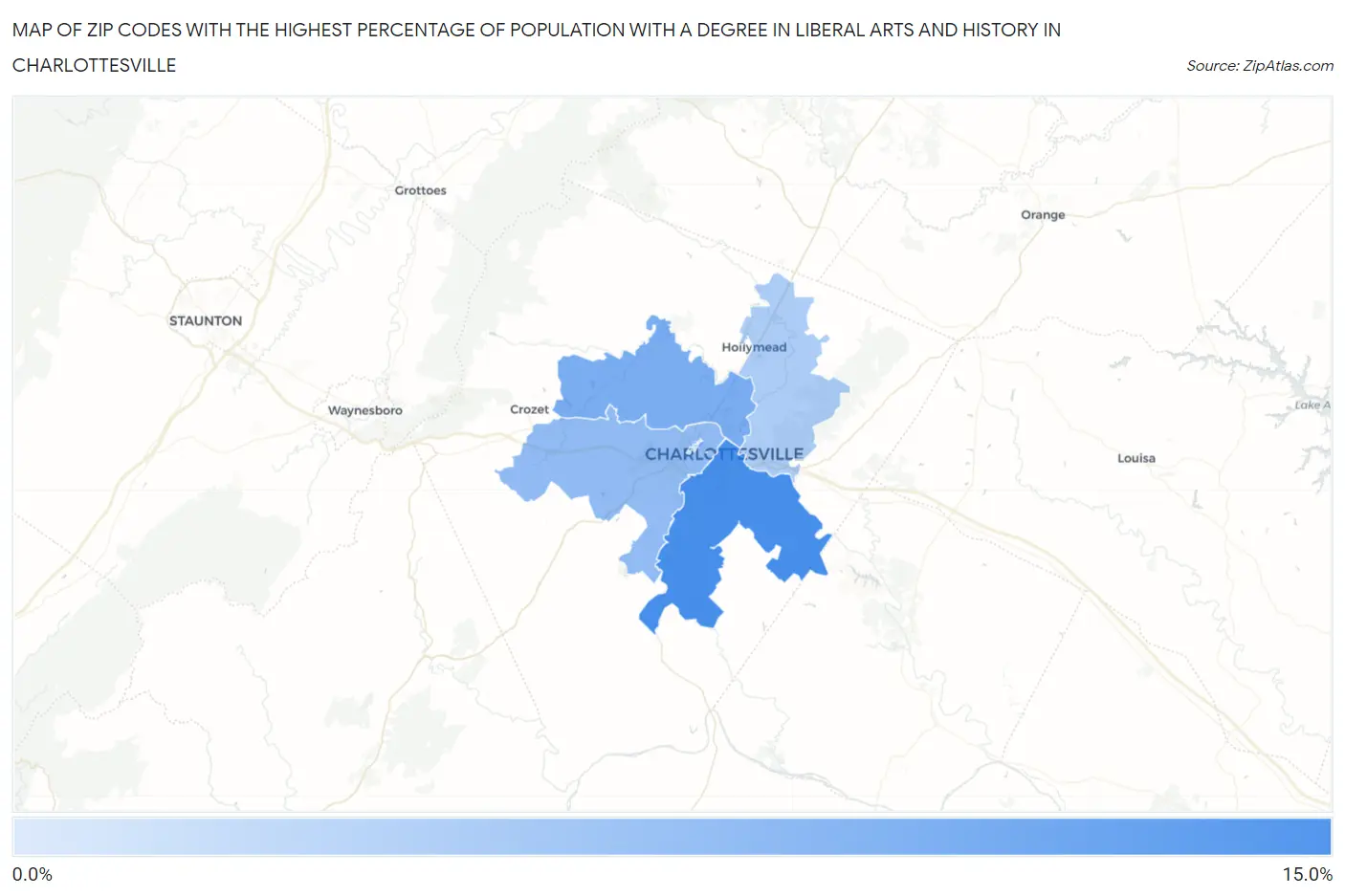 Zip Codes with the Highest Percentage of Population with a Degree in Liberal Arts and History in Charlottesville Map