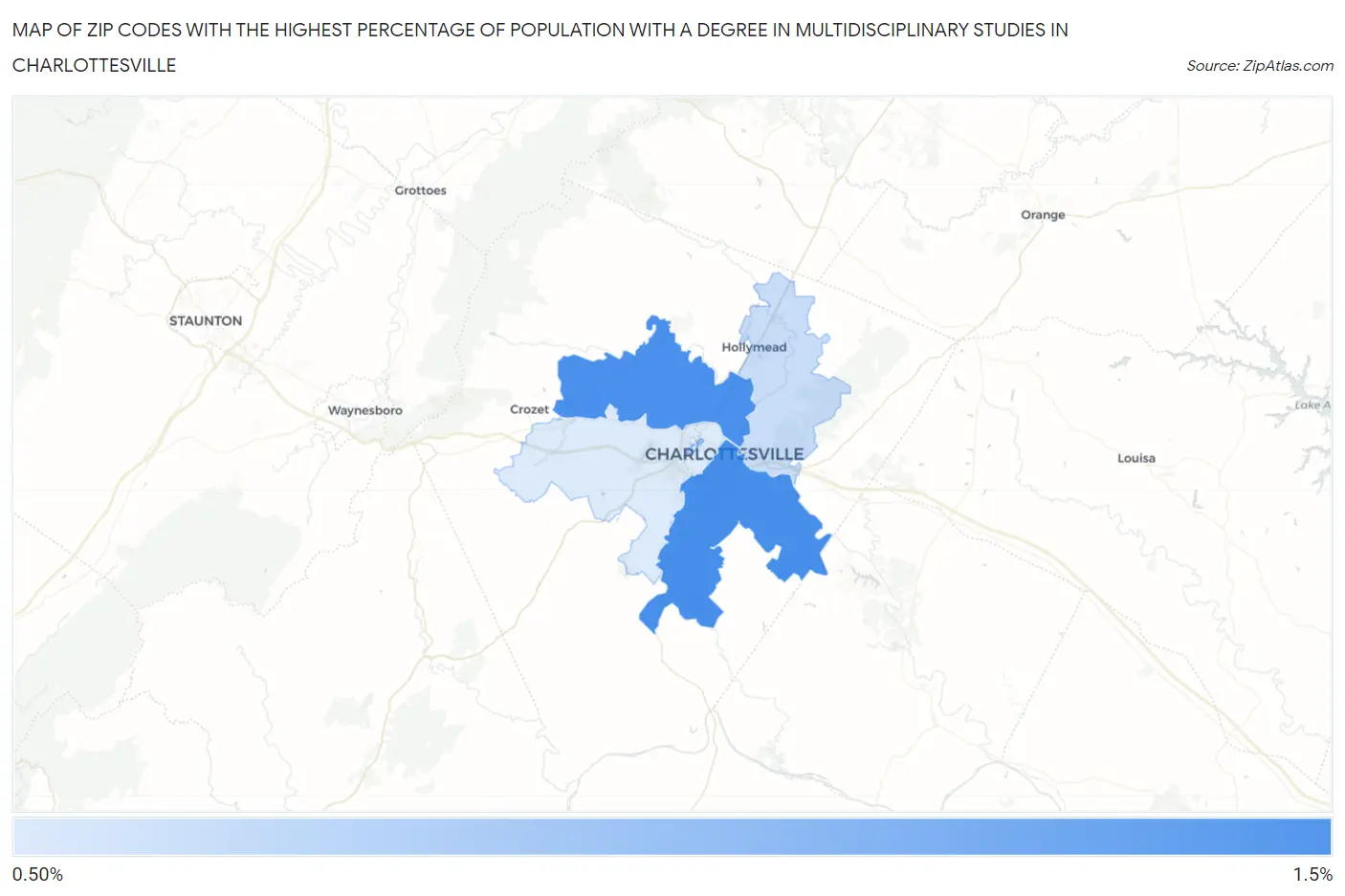 Zip Codes with the Highest Percentage of Population with a Degree in Multidisciplinary Studies in Charlottesville Map