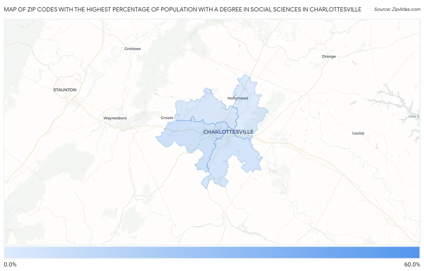 Zip Codes with the Highest Percentage of Population with a Degree in Social Sciences in Charlottesville Map