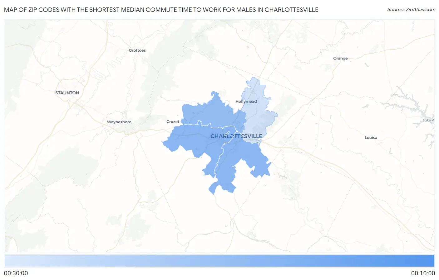 Zip Codes with the Shortest Median Commute Time to Work for Males in Charlottesville Map