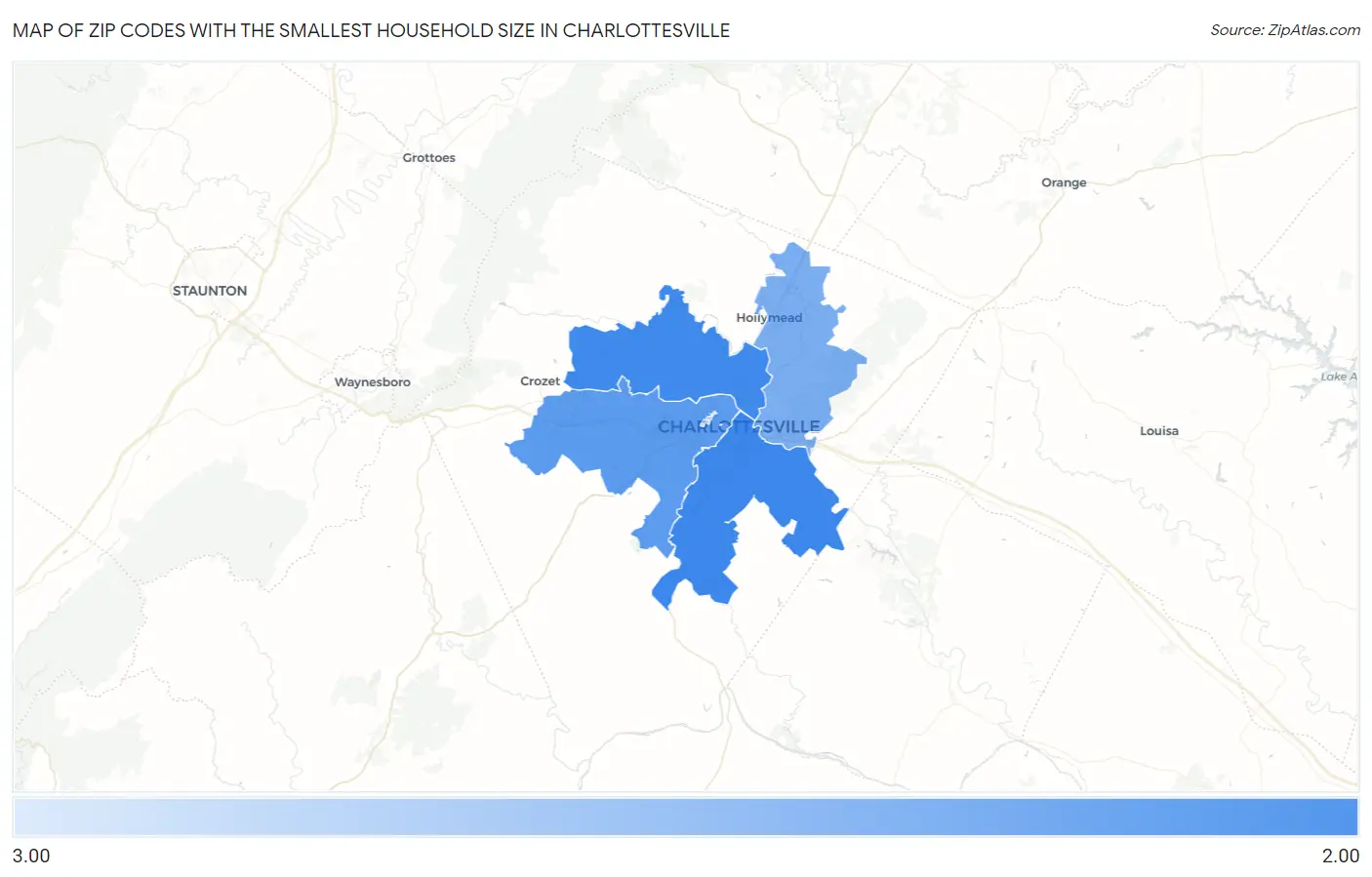Zip Codes with the Smallest Household Size in Charlottesville Map