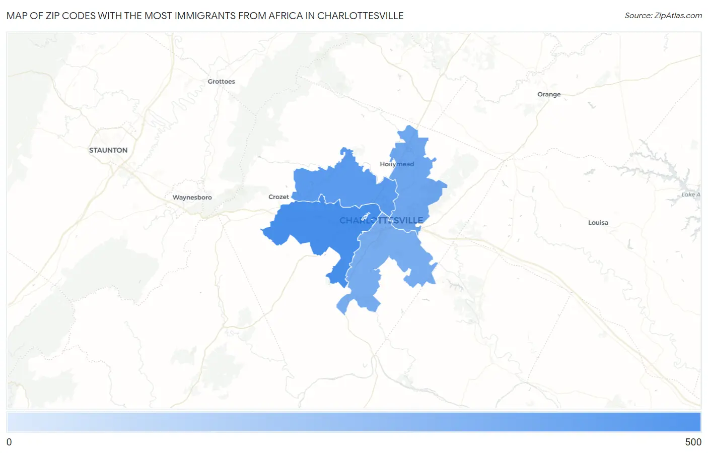 Zip Codes with the Most Immigrants from Africa in Charlottesville Map