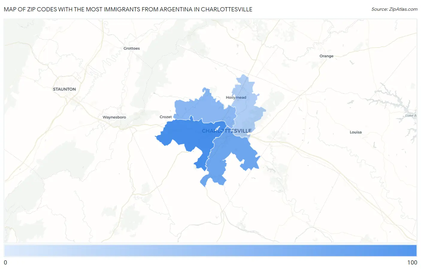 Zip Codes with the Most Immigrants from Argentina in Charlottesville Map