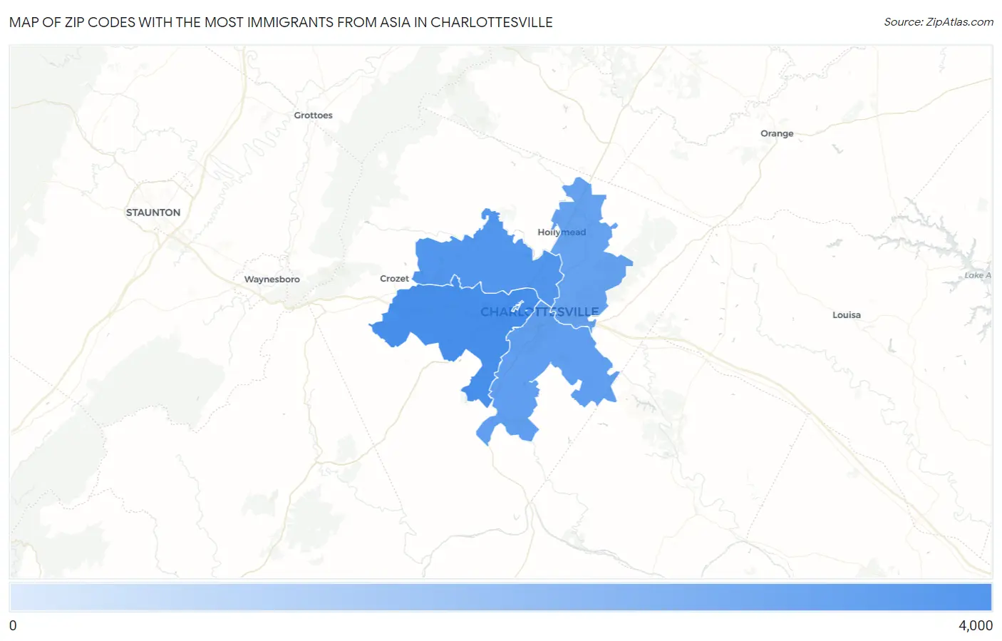 Zip Codes with the Most Immigrants from Asia in Charlottesville Map