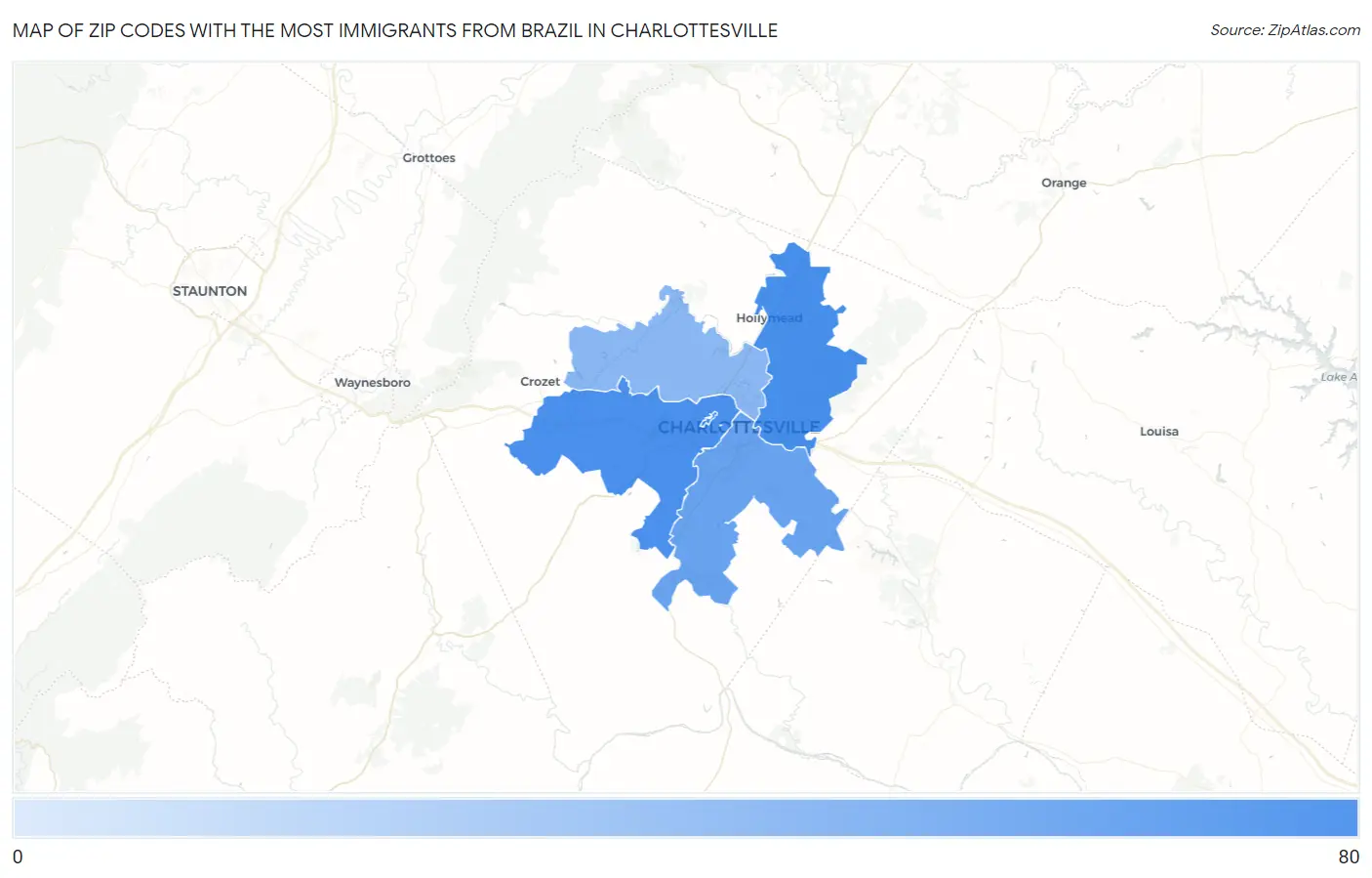 Zip Codes with the Most Immigrants from Brazil in Charlottesville Map