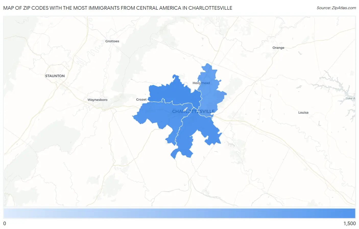 Zip Codes with the Most Immigrants from Central America in Charlottesville Map