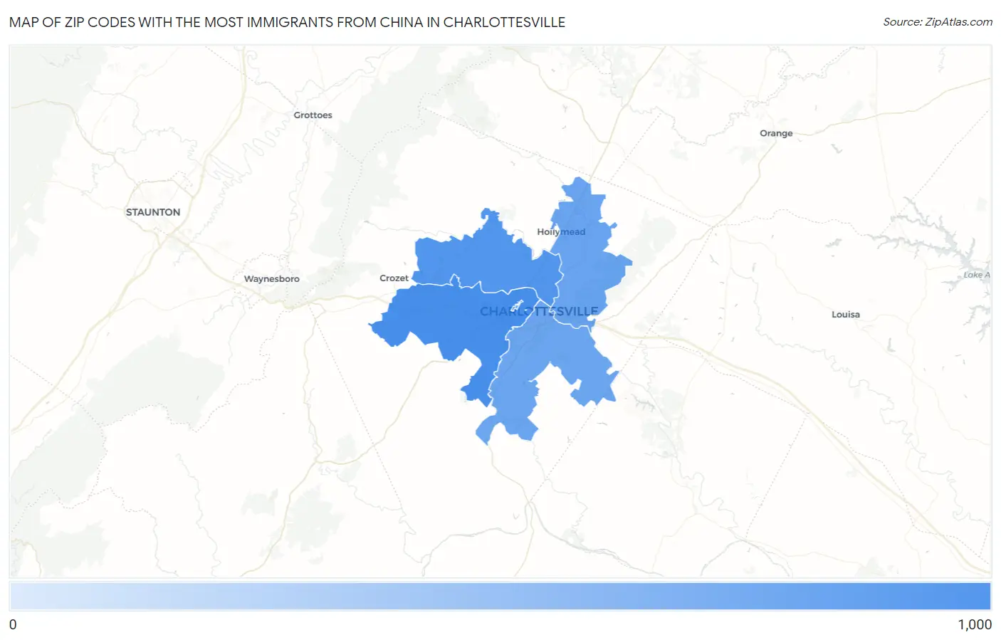 Zip Codes with the Most Immigrants from China in Charlottesville Map