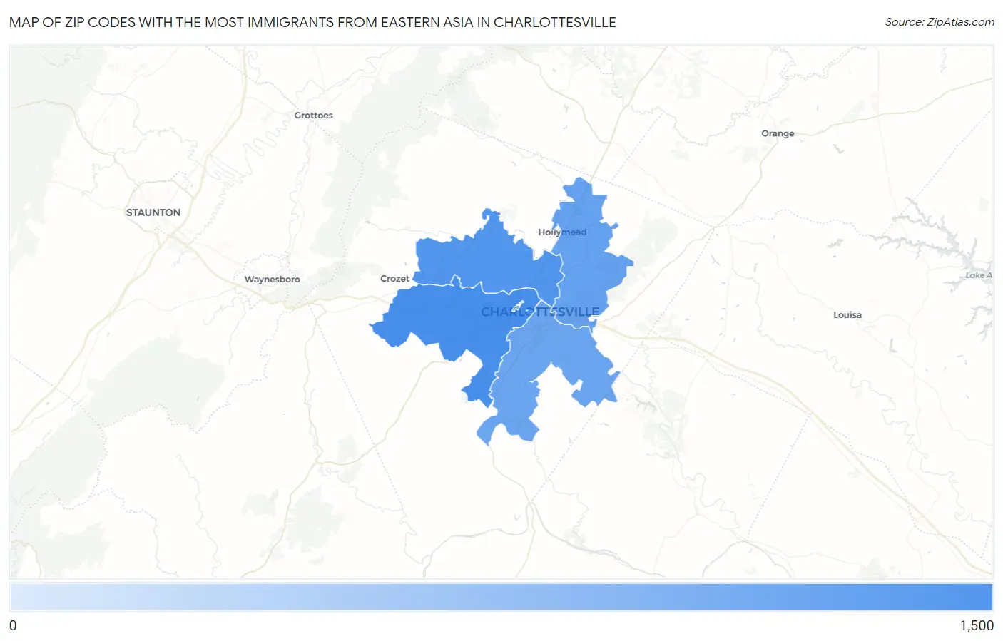 Zip Codes with the Most Immigrants from Eastern Asia in Charlottesville Map