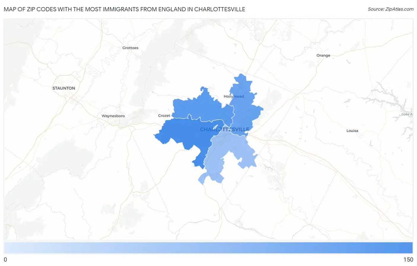 Zip Codes with the Most Immigrants from England in Charlottesville Map