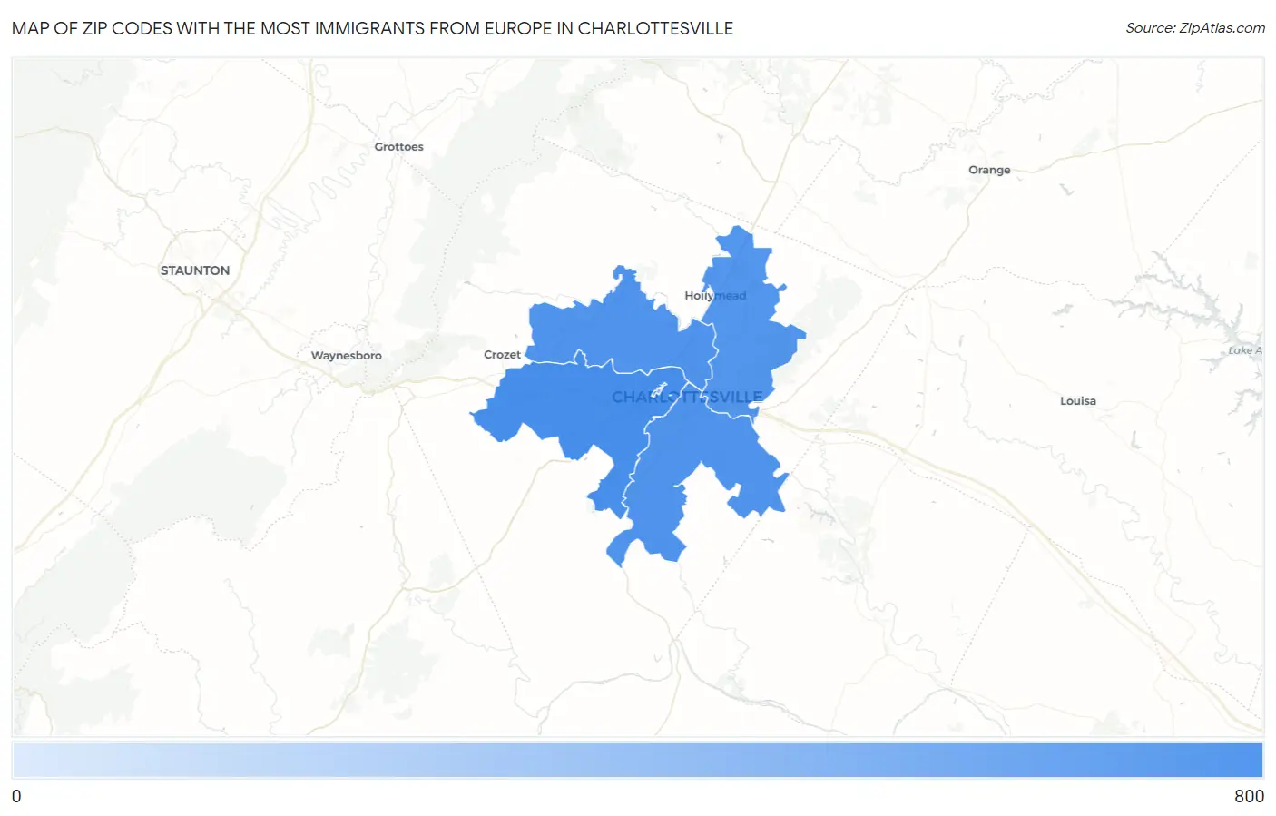 Zip Codes with the Most Immigrants from Europe in Charlottesville Map