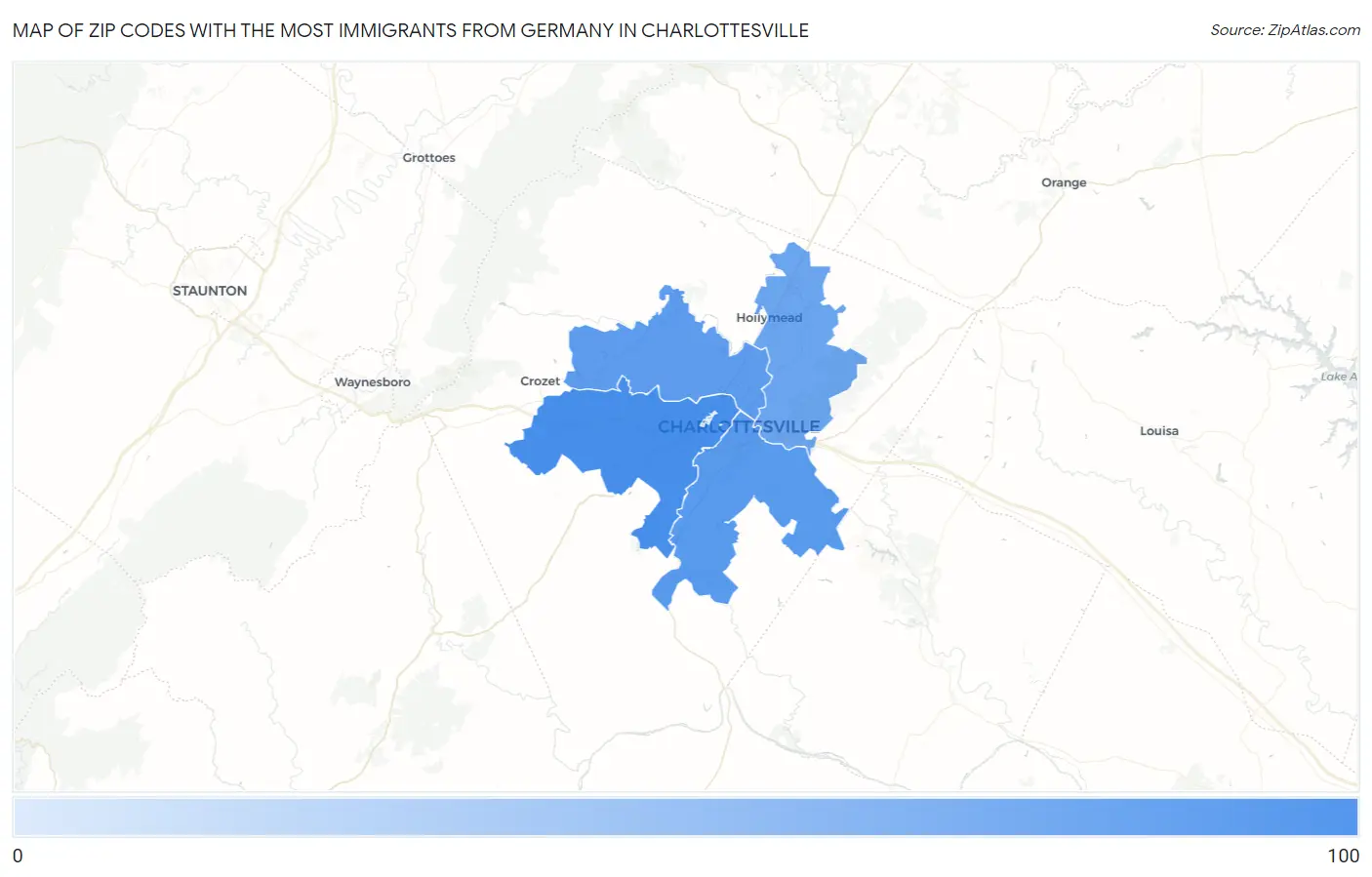 Zip Codes with the Most Immigrants from Germany in Charlottesville Map