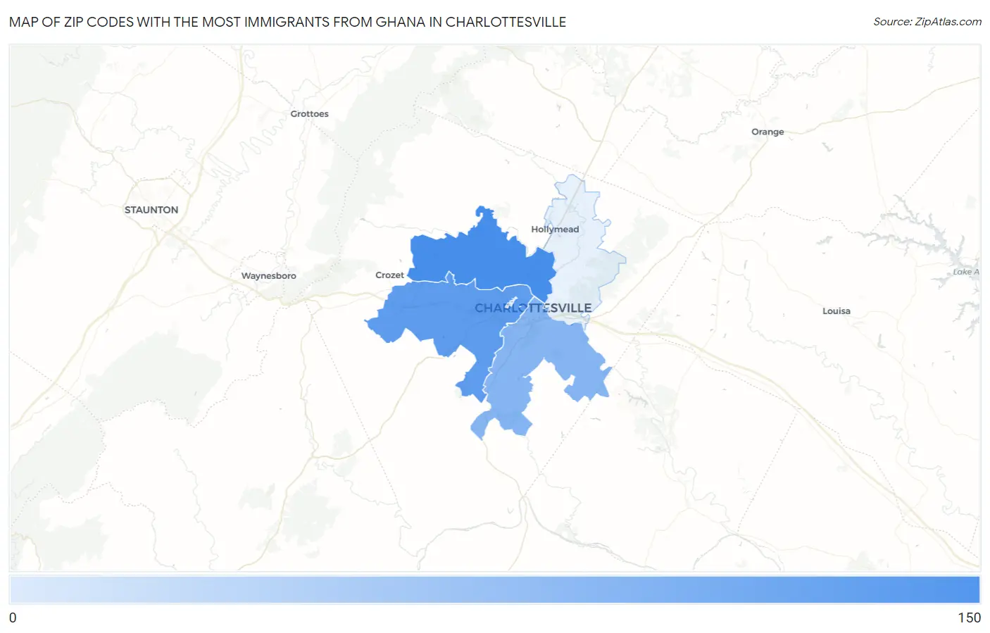 Zip Codes with the Most Immigrants from Ghana in Charlottesville Map