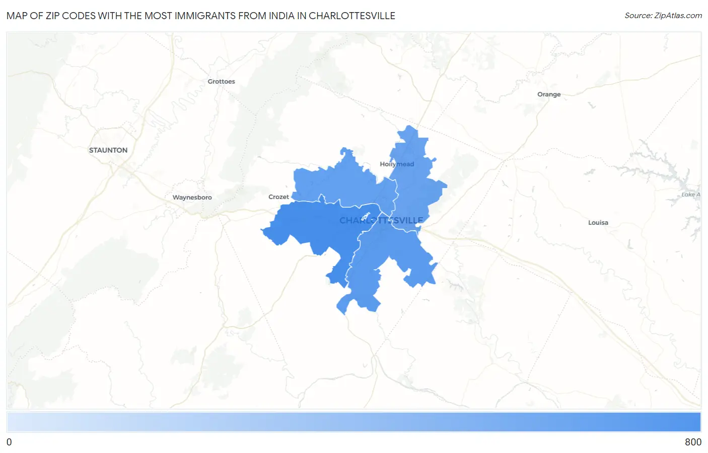 Zip Codes with the Most Immigrants from India in Charlottesville Map