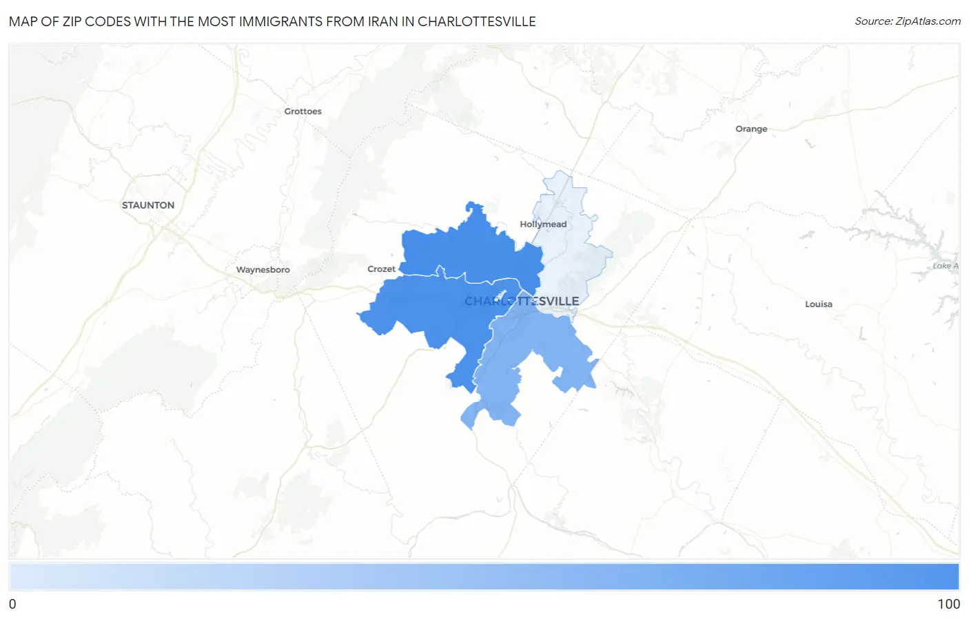 Zip Codes with the Most Immigrants from Iran in Charlottesville Map