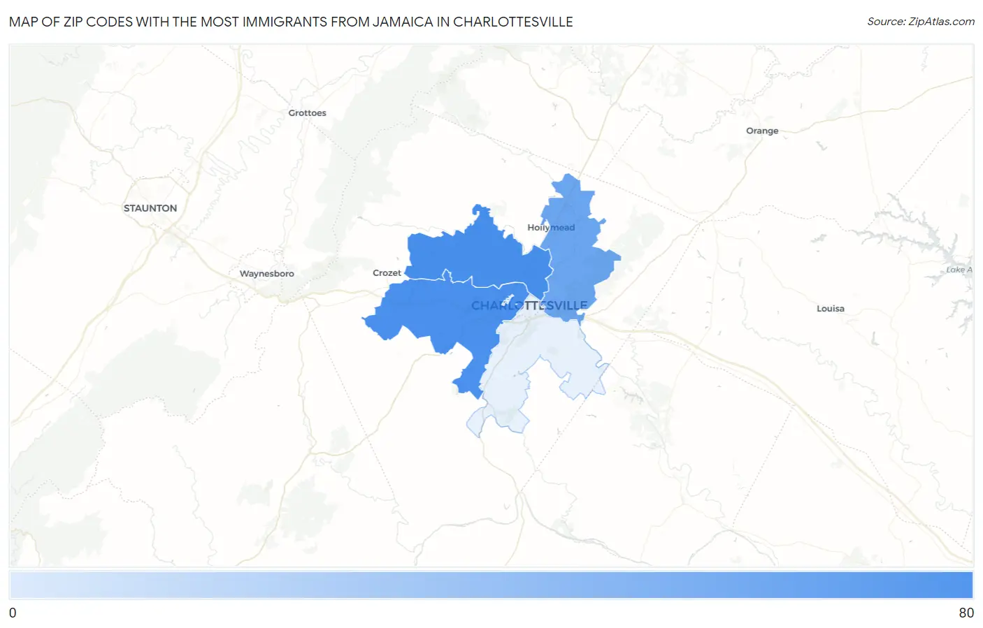 Zip Codes with the Most Immigrants from Jamaica in Charlottesville Map