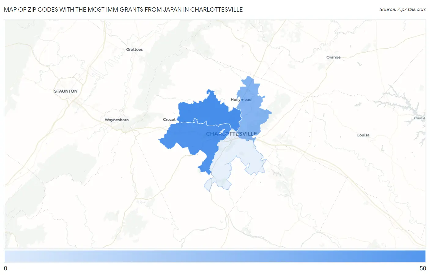 Zip Codes with the Most Immigrants from Japan in Charlottesville Map