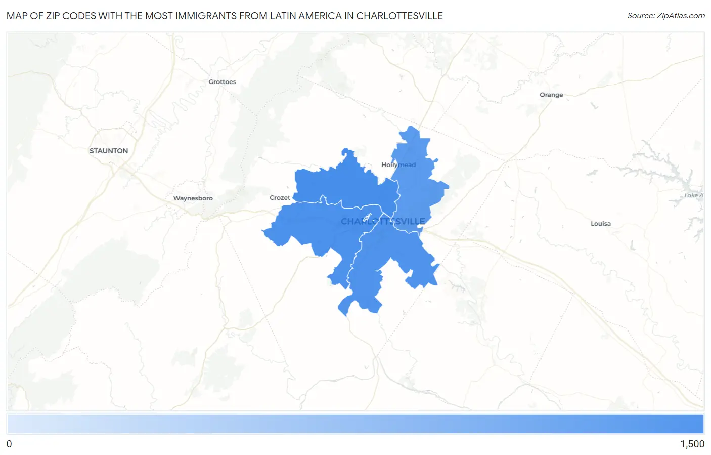 Zip Codes with the Most Immigrants from Latin America in Charlottesville Map