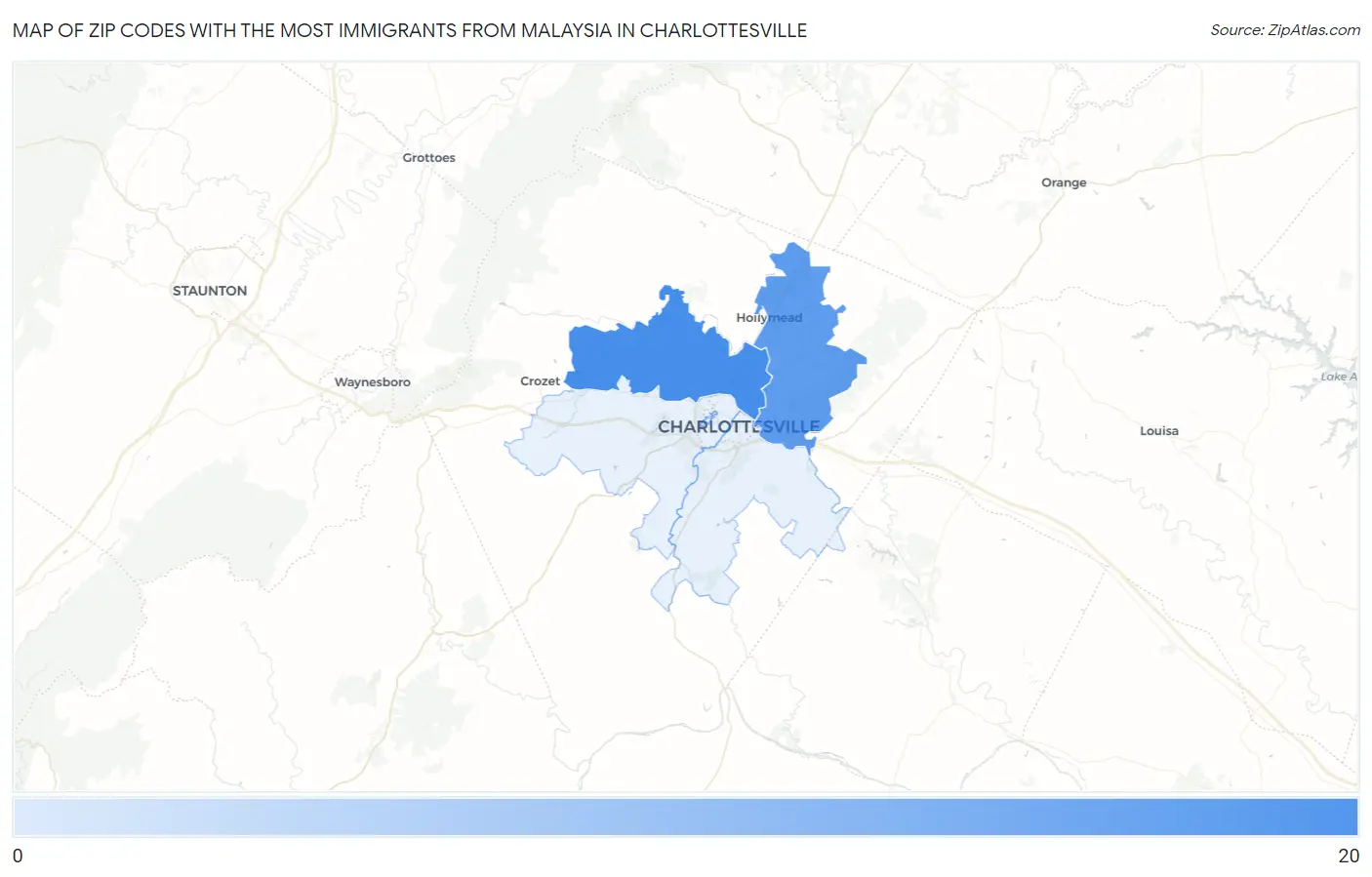 Zip Codes with the Most Immigrants from Malaysia in Charlottesville Map