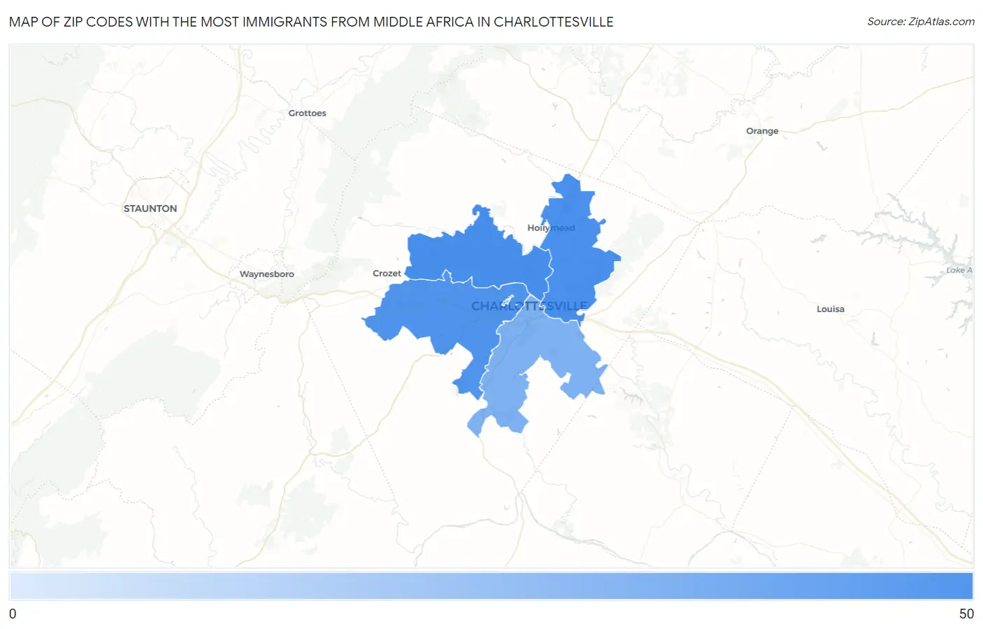 Zip Codes with the Most Immigrants from Middle Africa in Charlottesville Map