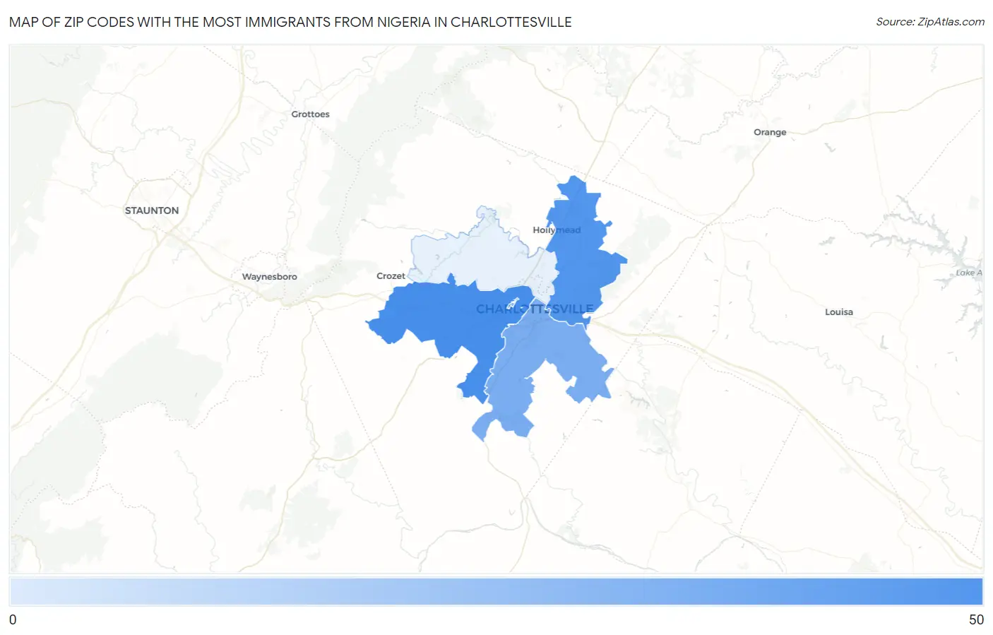 Zip Codes with the Most Immigrants from Nigeria in Charlottesville Map