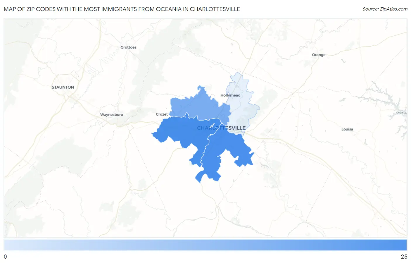 Zip Codes with the Most Immigrants from Oceania in Charlottesville Map
