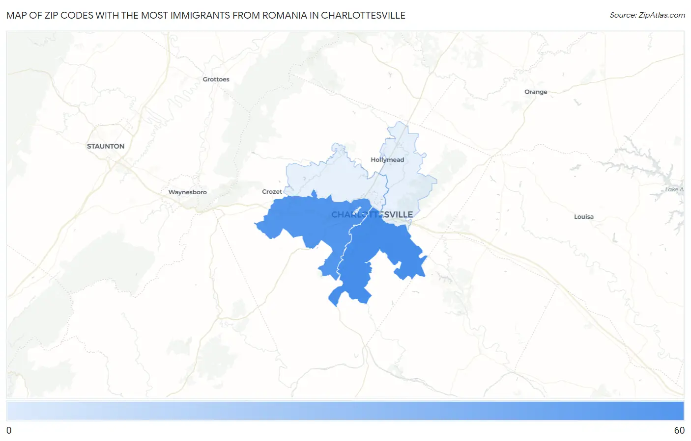 Zip Codes with the Most Immigrants from Romania in Charlottesville Map