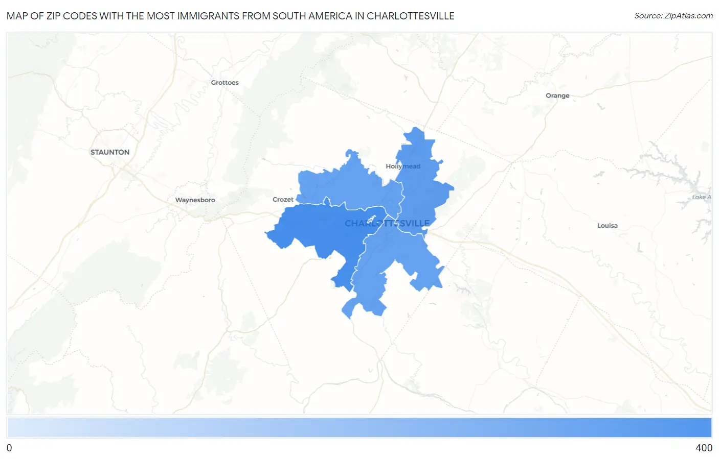 Zip Codes with the Most Immigrants from South America in Charlottesville Map