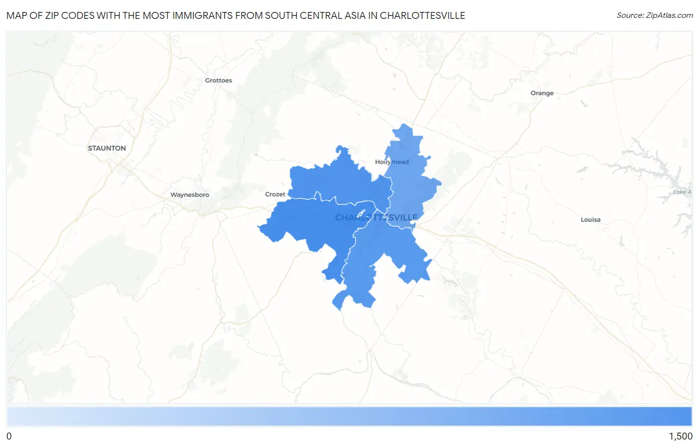 Zip Codes with the Most Immigrants from South Central Asia in Charlottesville Map