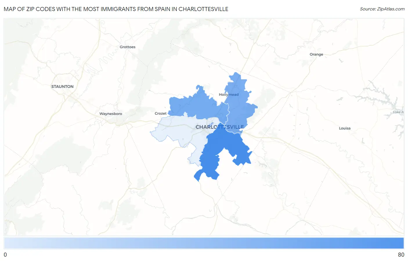 Zip Codes with the Most Immigrants from Spain in Charlottesville Map