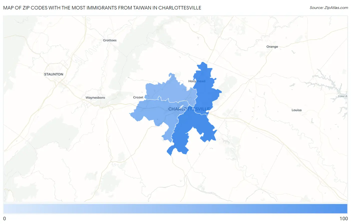 Zip Codes with the Most Immigrants from Taiwan in Charlottesville Map