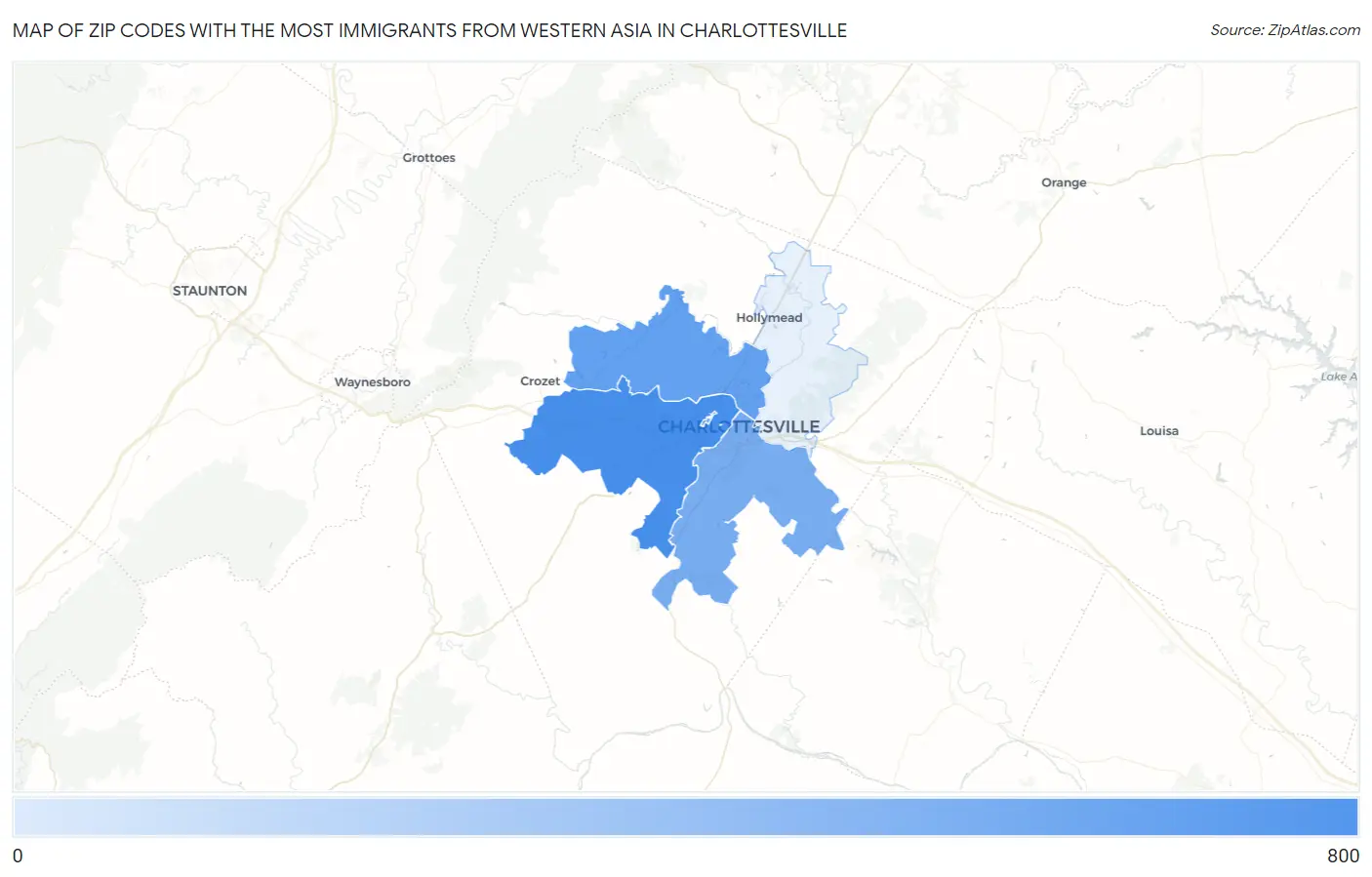 Zip Codes with the Most Immigrants from Western Asia in Charlottesville Map