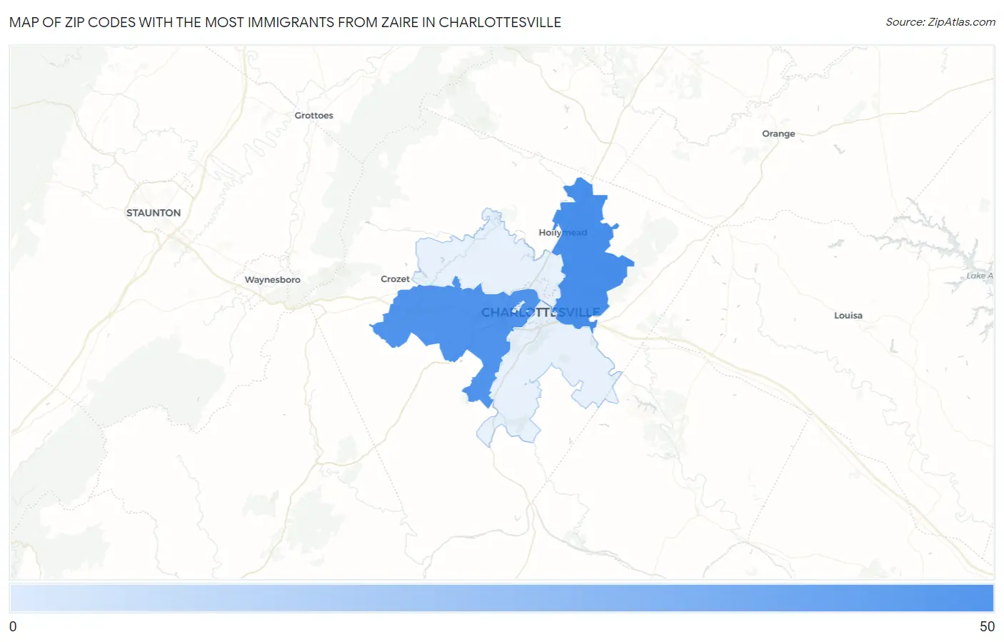 Zip Codes with the Most Immigrants from Zaire in Charlottesville Map