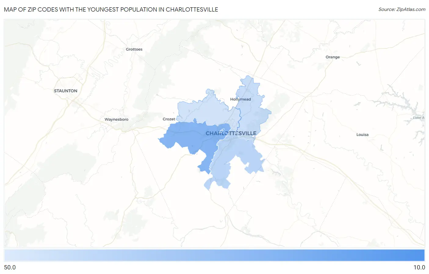 Zip Codes with the Youngest Population in Charlottesville Map