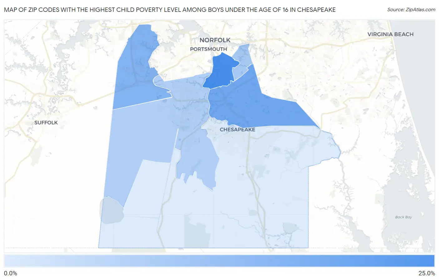 Zip Codes with the Highest Child Poverty Level Among Boys Under the Age of 16 in Chesapeake Map