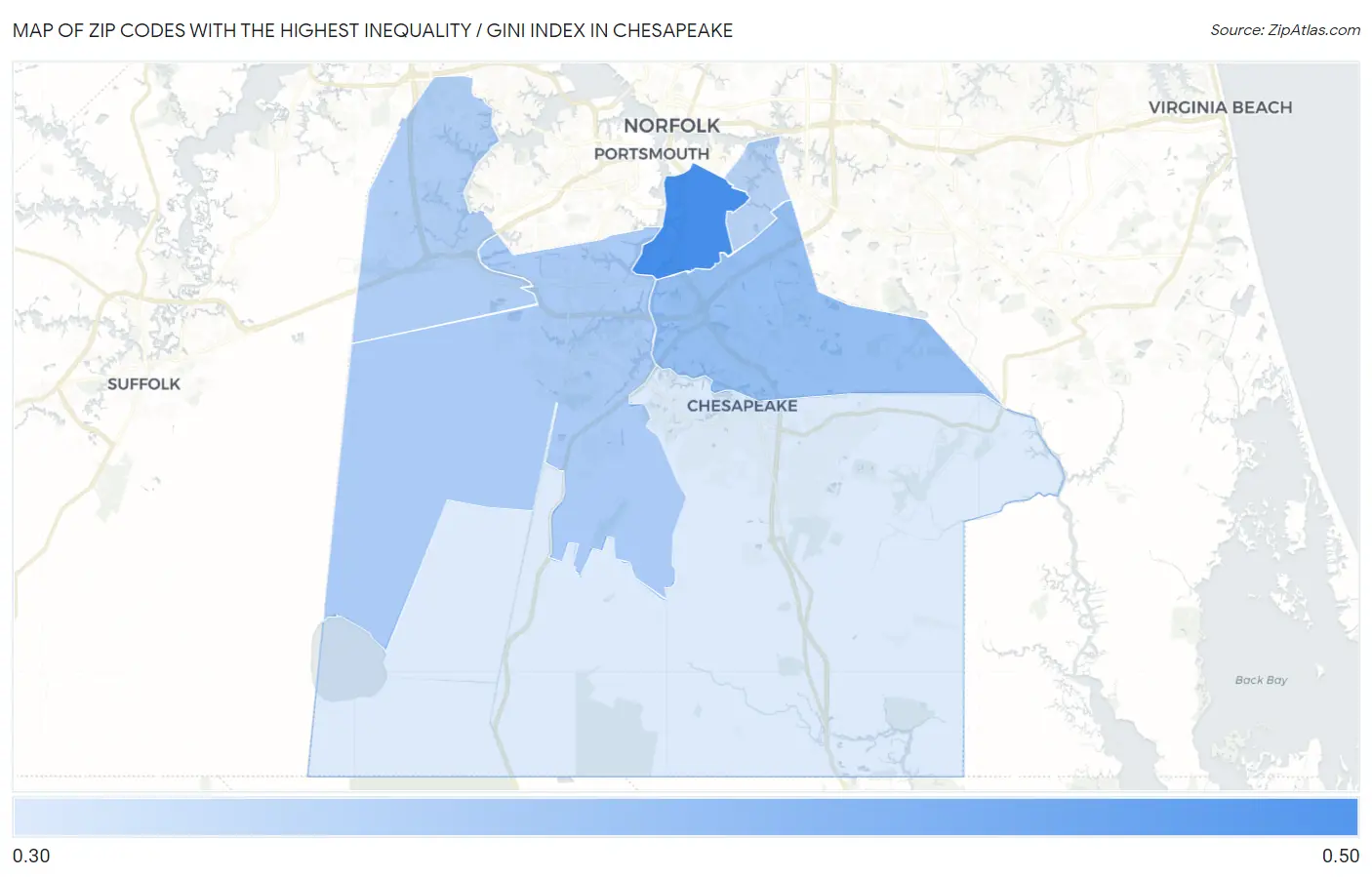 Zip Codes with the Highest Inequality / Gini Index in Chesapeake Map