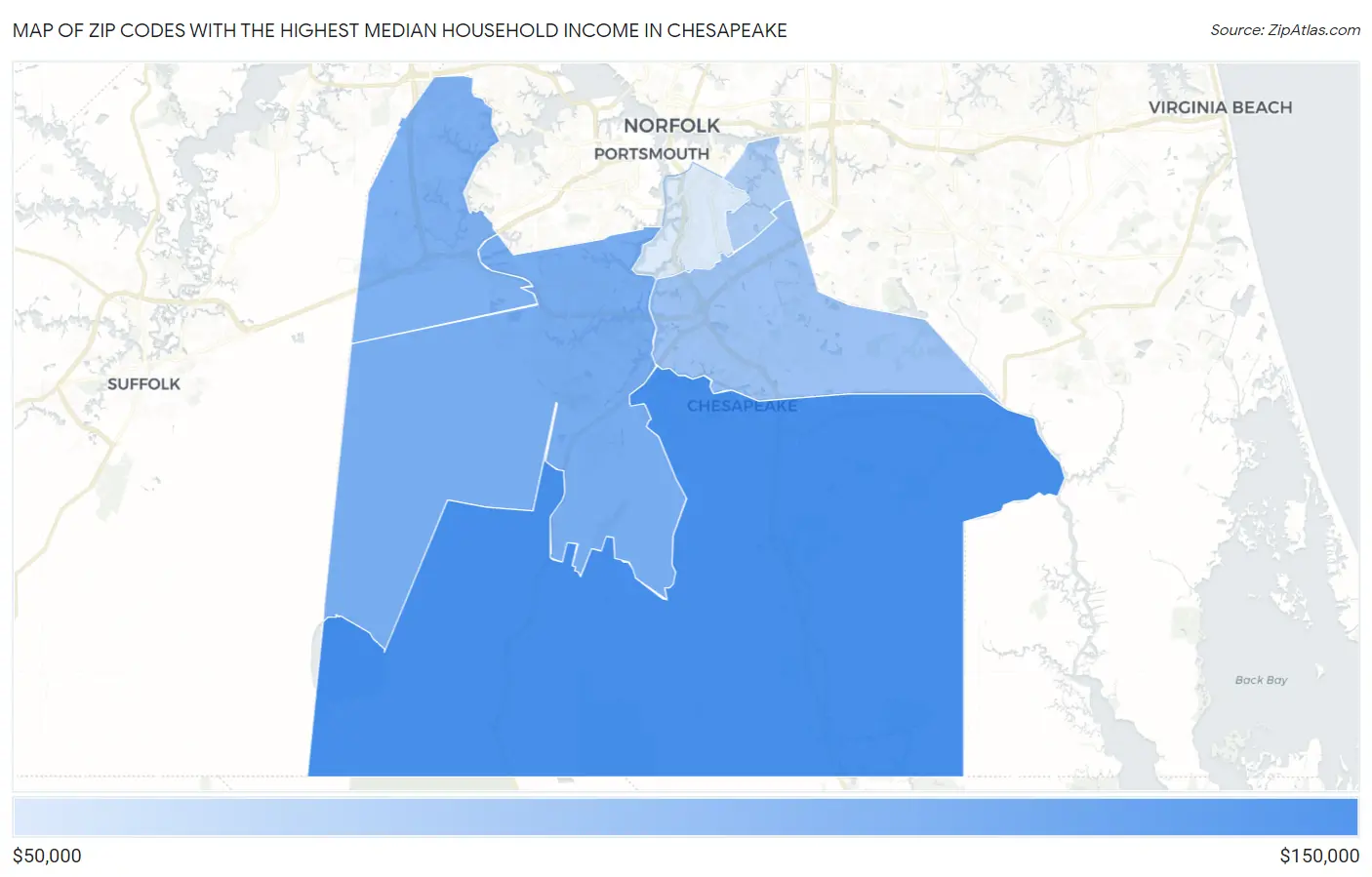 Zip Codes with the Highest Median Household Income in Chesapeake Map