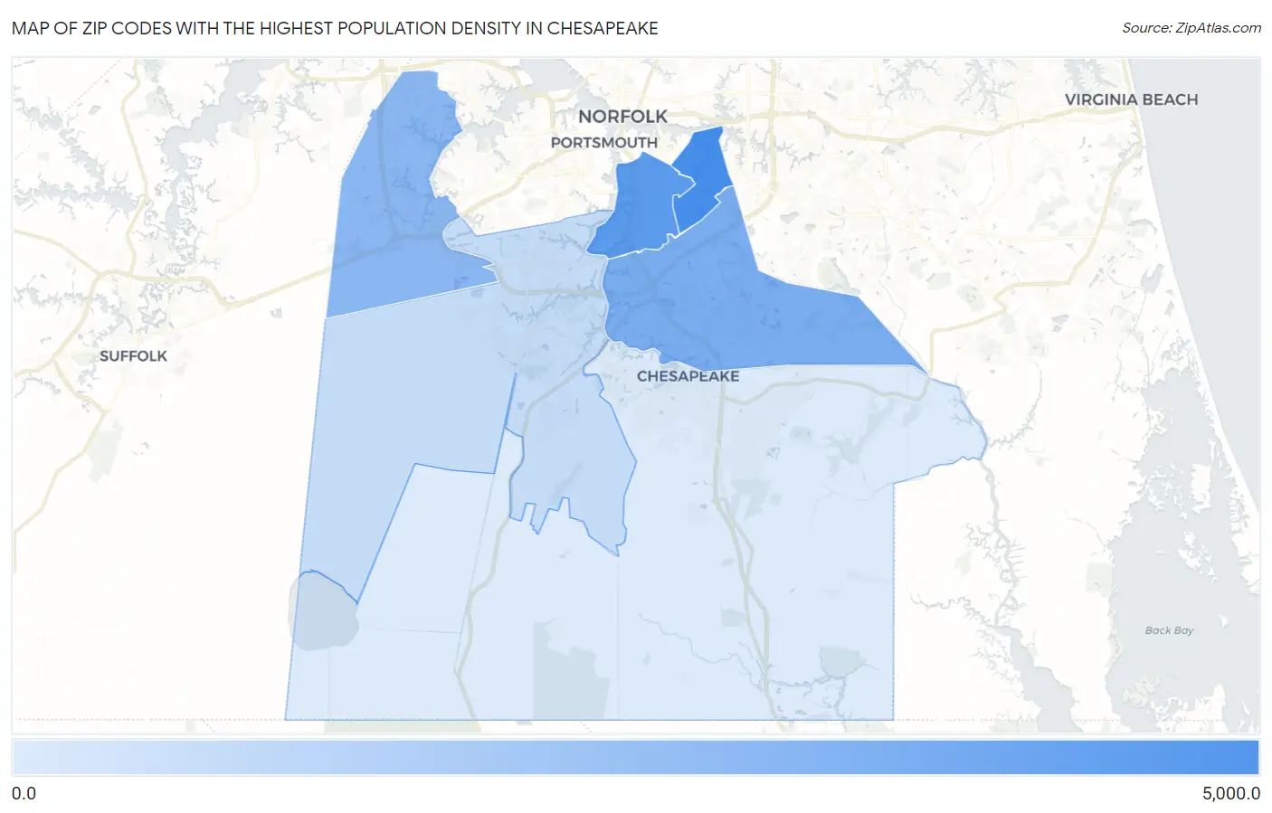 Zip Codes with the Highest Population Density in Chesapeake Map