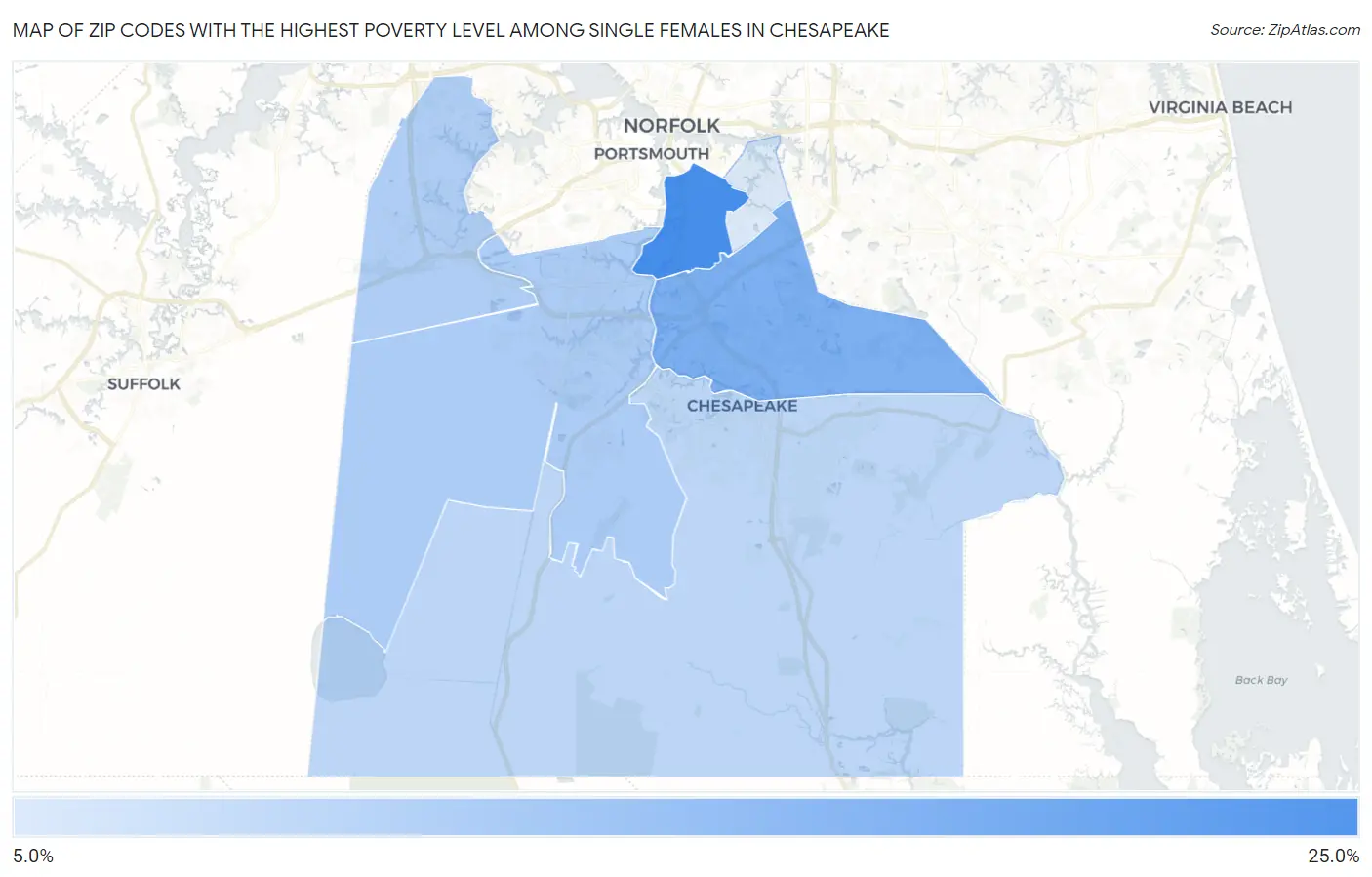 Zip Codes with the Highest Poverty Level Among Single Females in Chesapeake Map