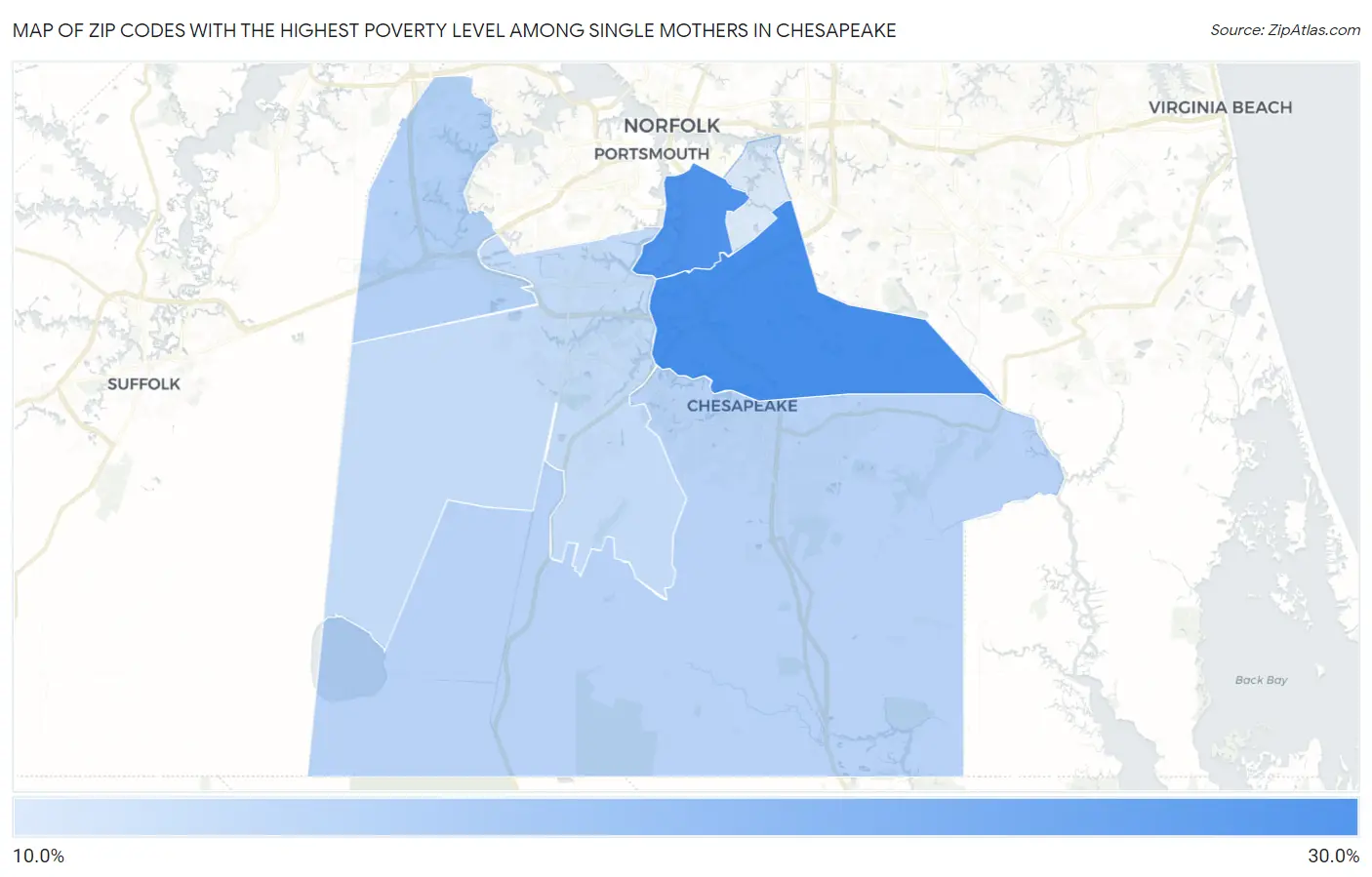 Zip Codes with the Highest Poverty Level Among Single Mothers in Chesapeake Map