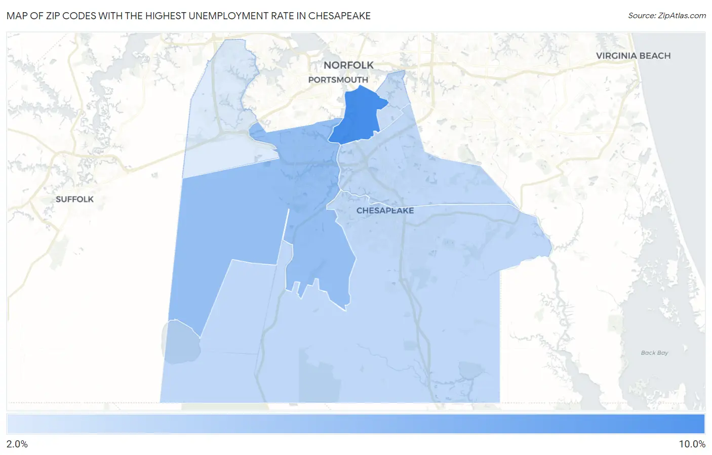 Zip Codes with the Highest Unemployment Rate in Chesapeake Map