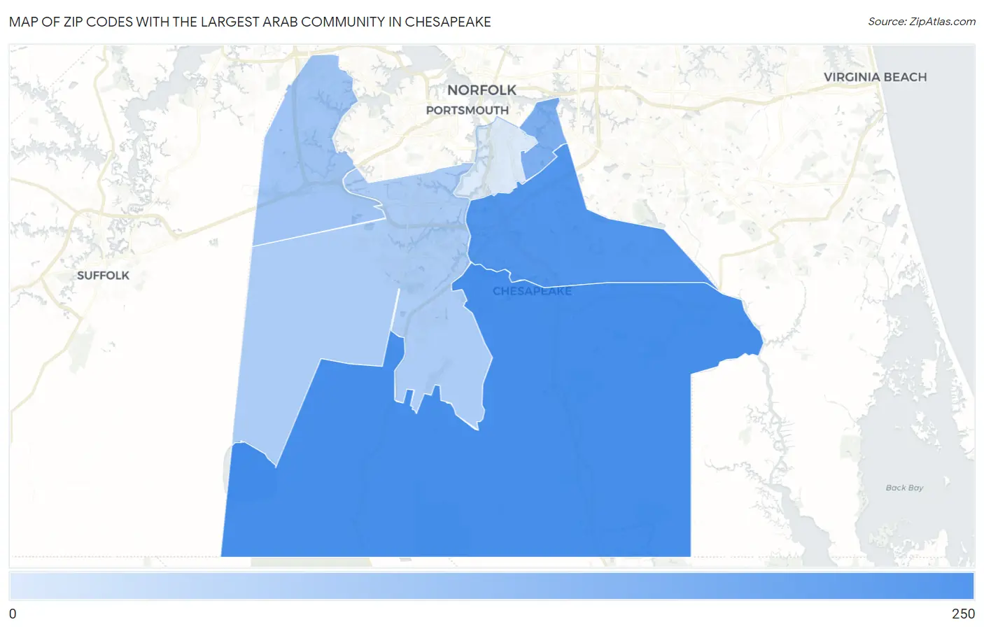 Zip Codes with the Largest Arab Community in Chesapeake Map
