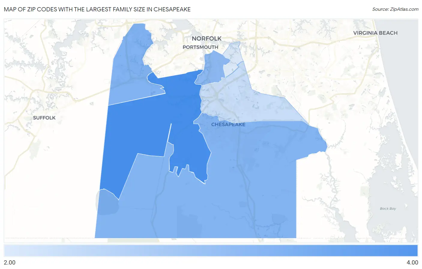 Zip Codes with the Largest Family Size in Chesapeake Map
